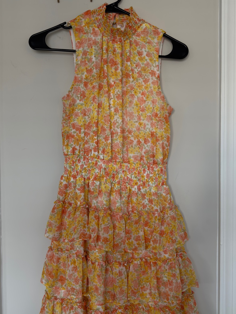 1. State Floral Tiered Sleeveless Dress in Yellow and Pink